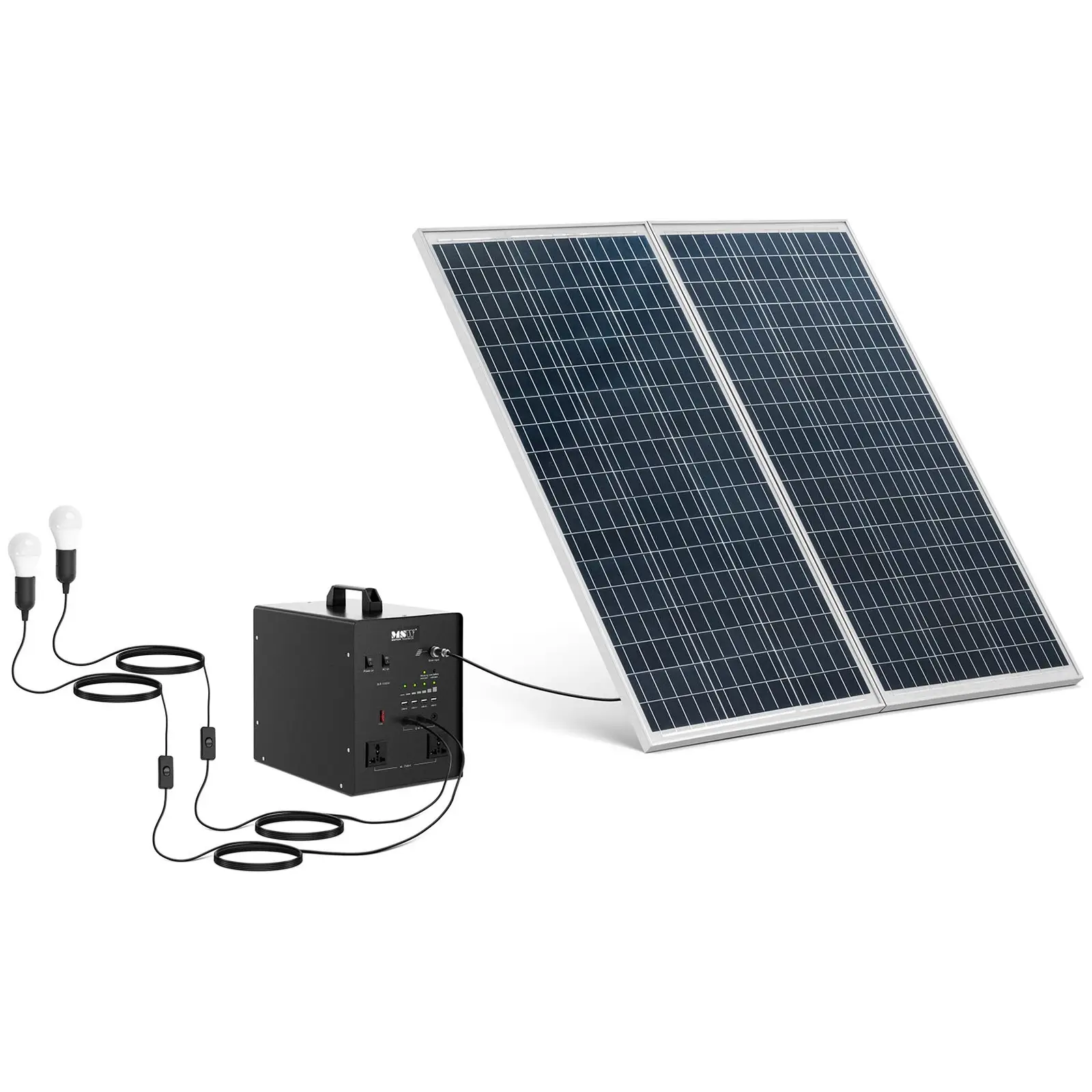 Virta-asema aurinkopaneelilla ja invertterillä - 1000 W - 5 / 12 /230 V - 2 LED-valoa