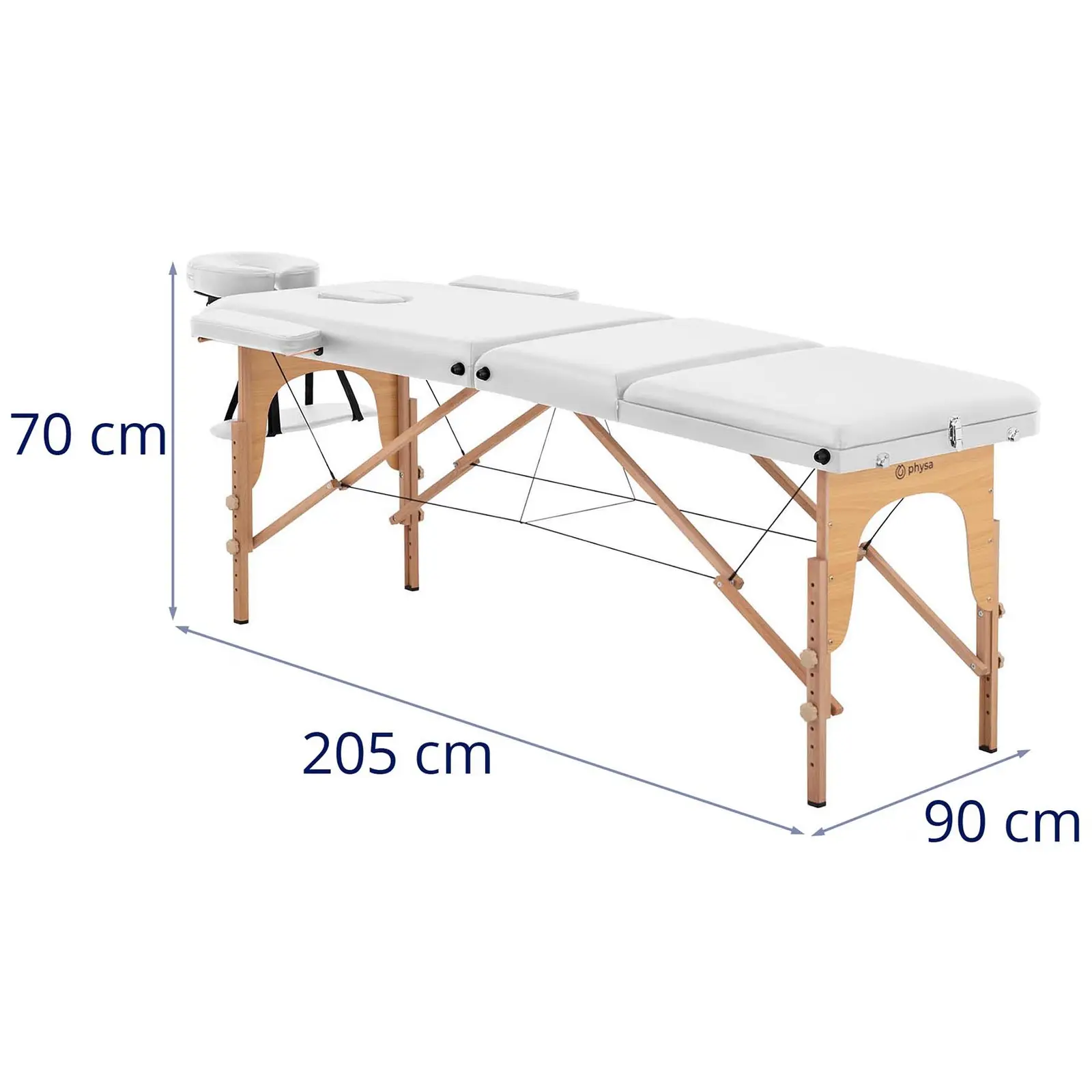 Kokoontaitettava hierontapöytä - erittäin leveä (70 cm) - kallistettava jalkatuki - pyökkiä - valkoinen