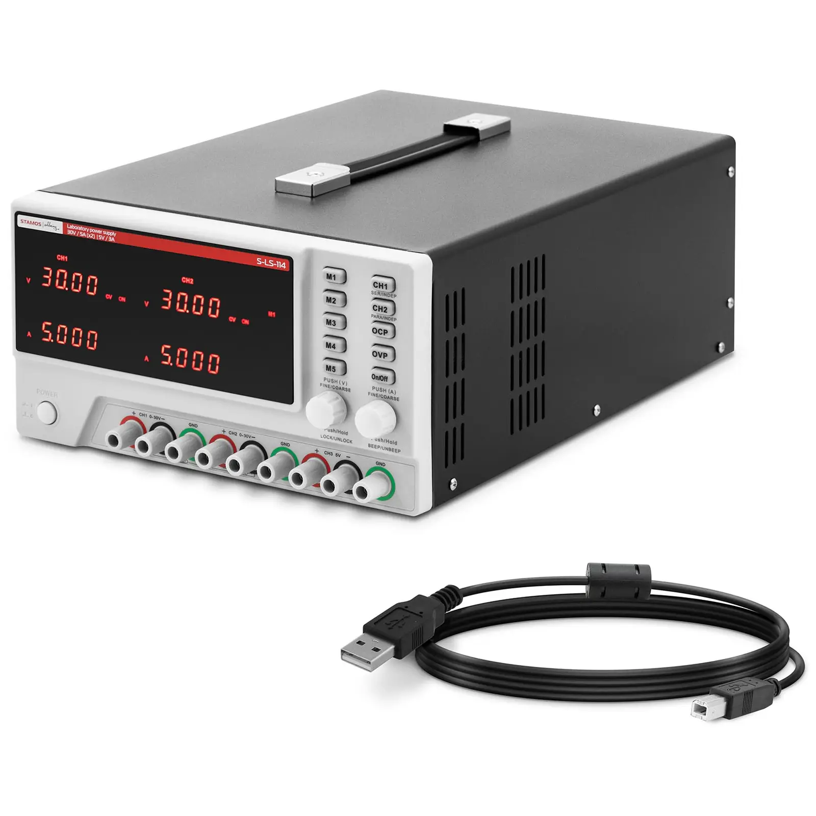 Laboratoriovirtalähde - 0 - 30 V - 0 - 5 A DC - 2 x 150 W + 15 W - 5 muistipaikkaa - LED-näyttö - USB/RS232