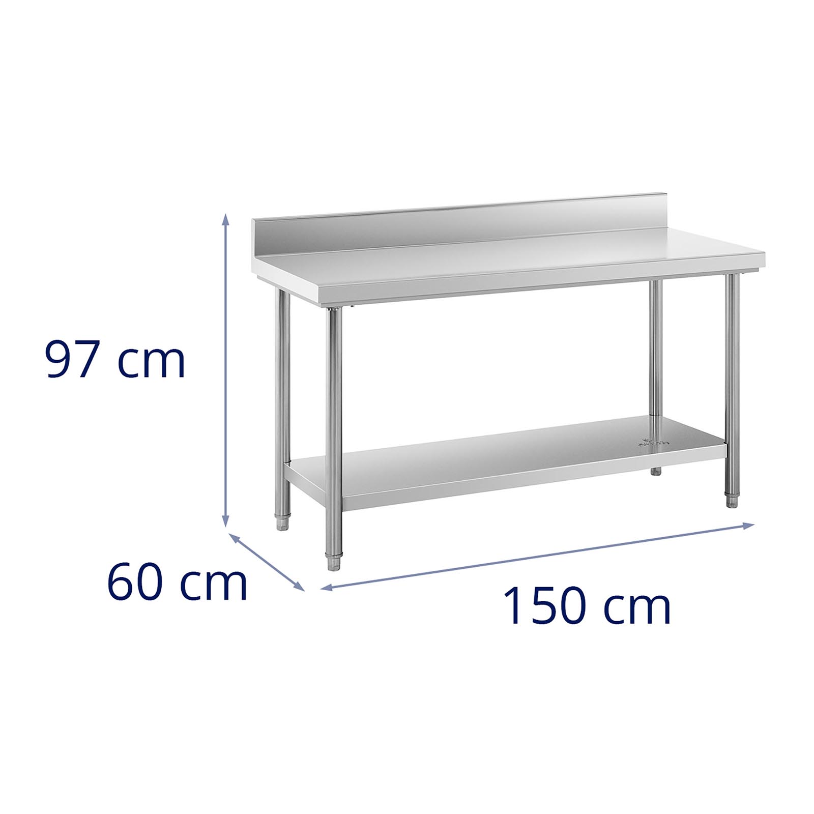 Teräspöytä - roiskesuoja - 150 x 60 cm - 159 kg kantavuus