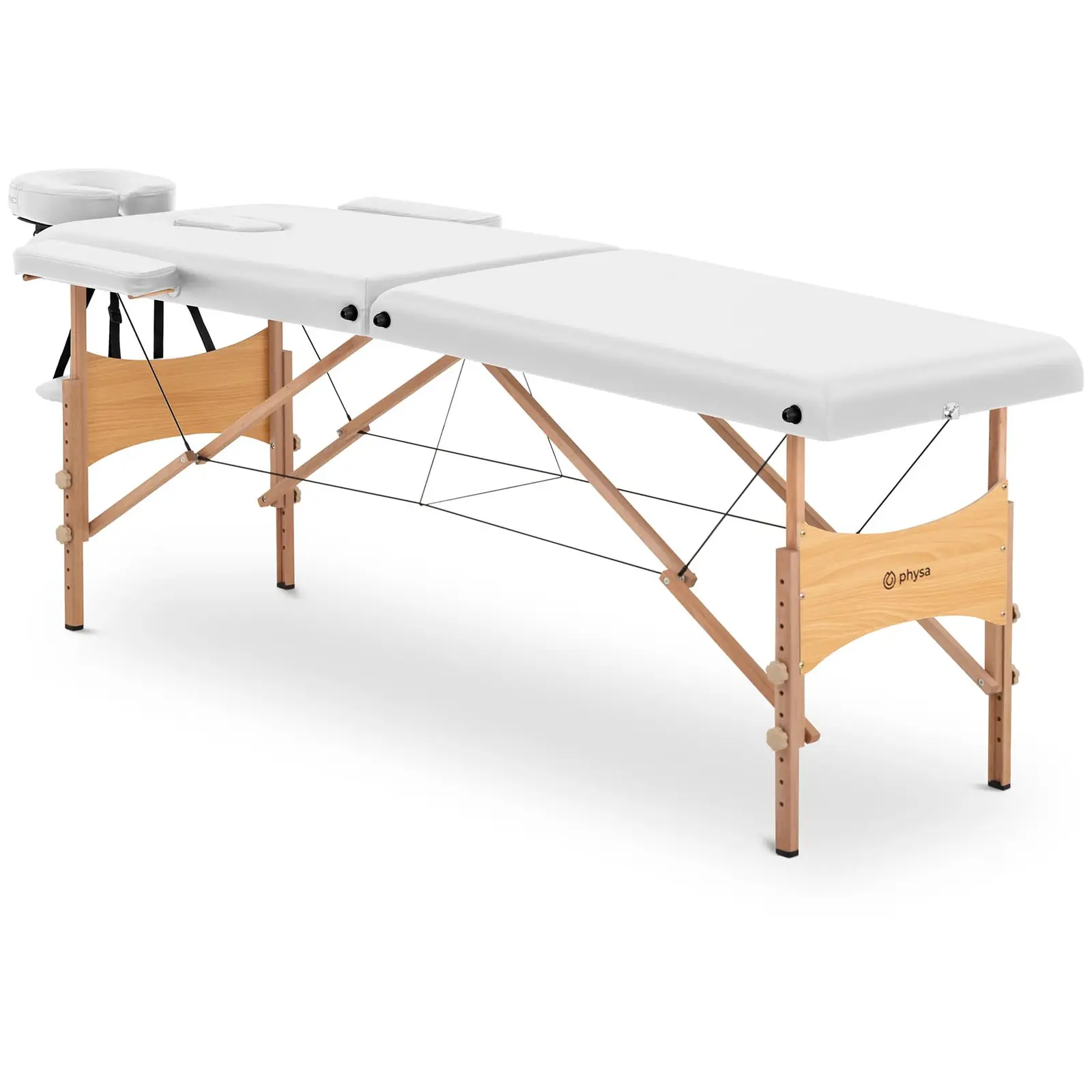 Kokoontaitettava hierontapöytä - erittäin leveä (70 cm) - kallistettava pää- ja jalkatuki - pyökkiä - valkoinen