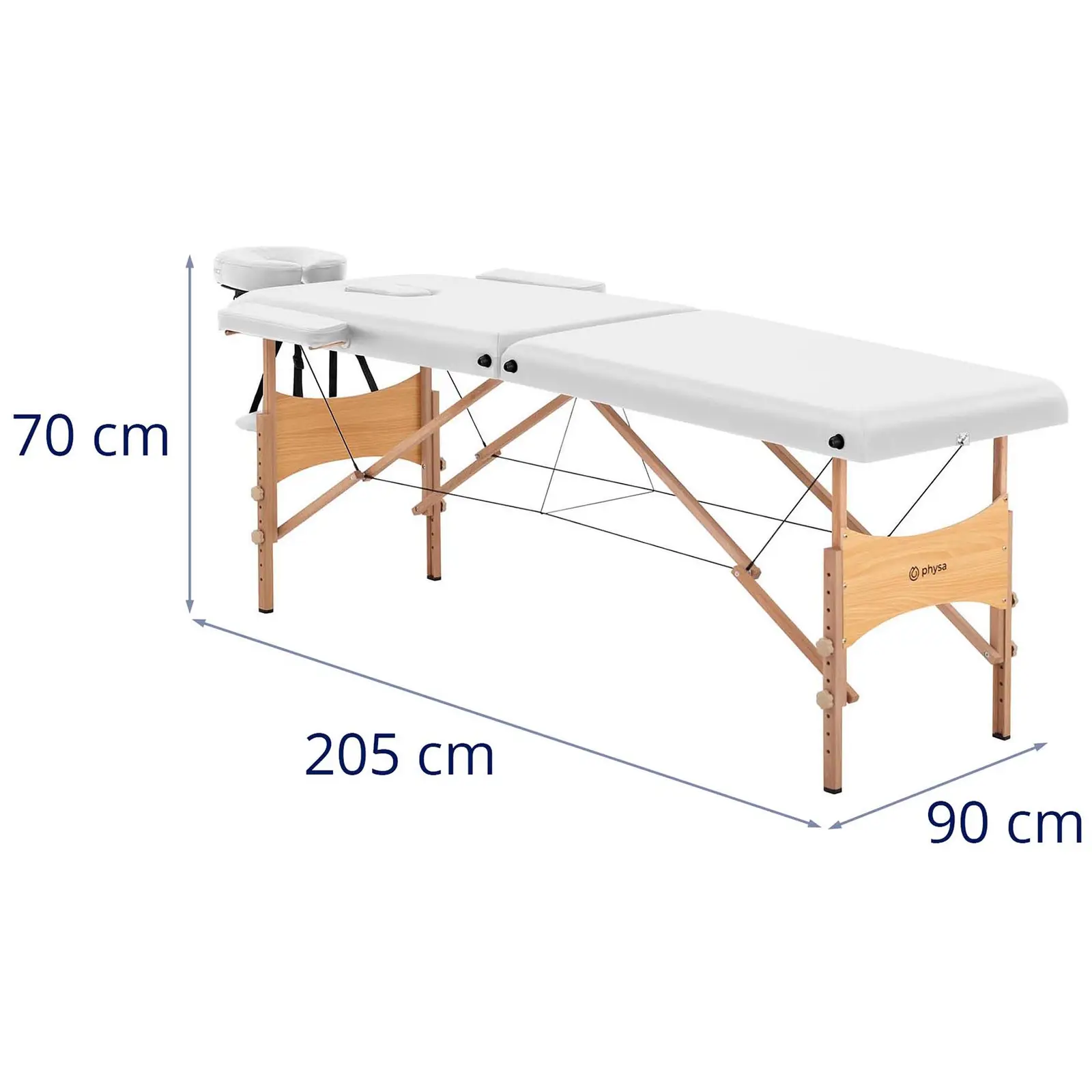 Kokoontaitettava hierontapöytä - erittäin leveä (70 cm) - kallistettava pää- ja jalkatuki - pyökkiä - valkoinen